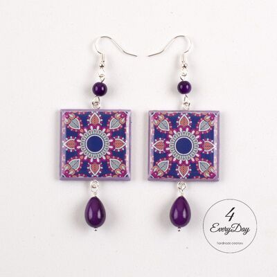 Earrings : square purple majolica