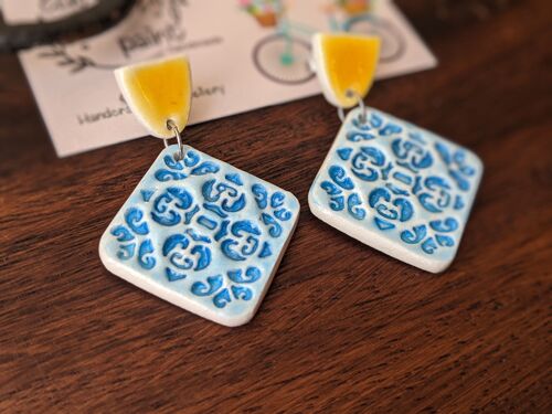 Moroccan tile earrings, blue & yellow earrings