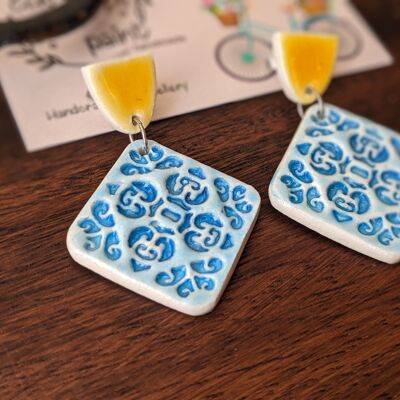 Moroccan tile earrings, blue & yellow earrings