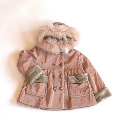 PINK COLLIE: Nude pink hooded coat with natural fur trim.