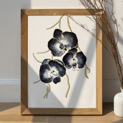 Affiche de Fleurs Orchidées Bleu et Or - Orchid Flower Poster Print Botanical Floral