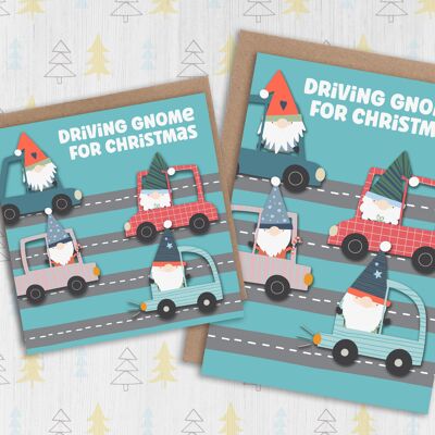 Noël drôle, carte de vacances : Gnome de conduite pour Noël