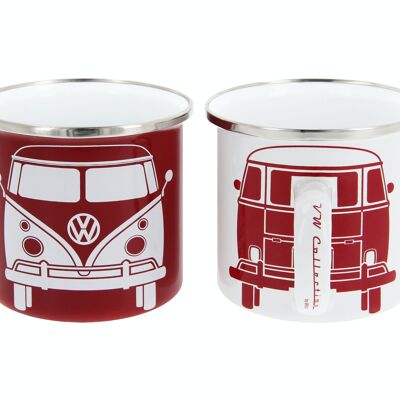 VOLKSWAGEN BUS VW T1 Bus Tazza smaltata, 2 pezzi, 350 ml - bianco/rosso