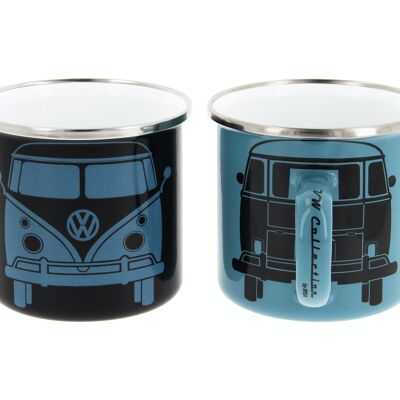 VOLKSWAGEN BUS VW T1 Bus Enamel mug, 2 pieces, 350ml - black/petrol blue