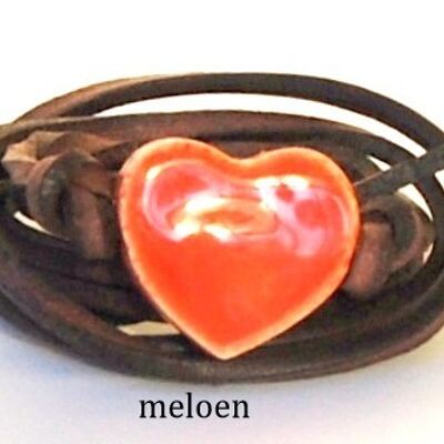 Bracelet leather with orange ceramic heart