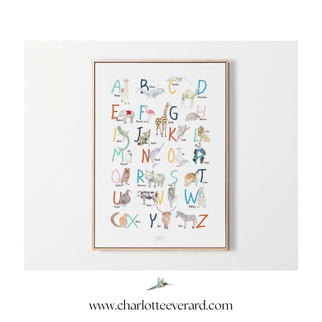 Poster dell'alfabeto inglese-olandese-francese per bambini, raffigurante animali.