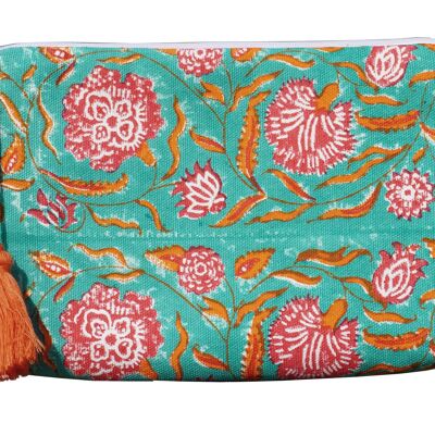 Hand-printed cotton pencil case - Udaipur raspberry/turquoise background