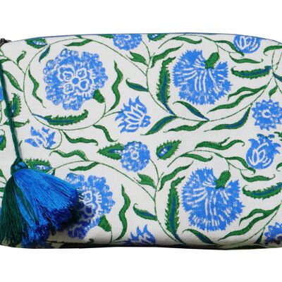 Hand-printed cotton pencil case - Udaipur blue/ white background