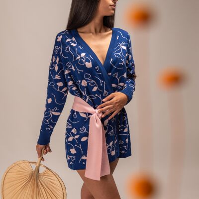 Veste kimono en laine mérinos bleue et rose Hanami