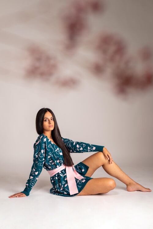 Chaqueta kimono de lana de merino verde y rosa Hanami