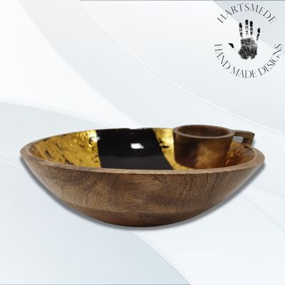 Wooden Snack Bowl with Dip Unique Gift - Festive Black & Gold Enamel Print