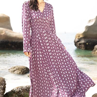 Long button-front printed dress with slit and 3/4 sleeves