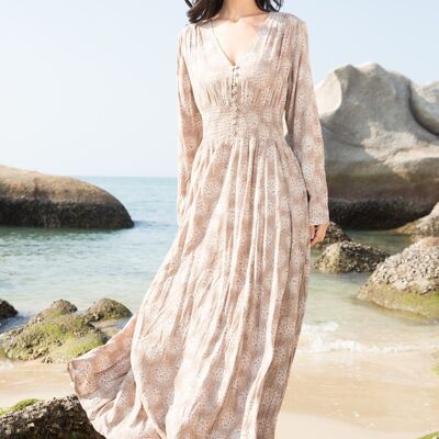 Long button-front printed dress with slit and 3/4 sleeves