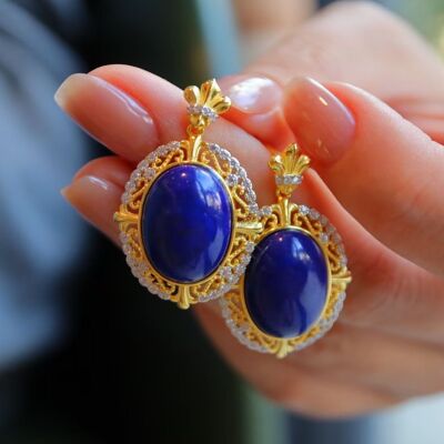 Royal style natural blue Lapis Lazuli pendant earrings- Gold vermeil Renaissance style frame - AAAA Quality
