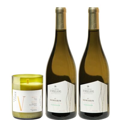 Caja de velas variedad de uva Viognier y 2 botellas de vino blanco seco IGP Pays d'Oc