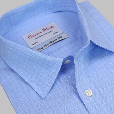 Chemise de luxe à carreaux bleus pour hommes Coupe régulière Repassage facile avec poche poitrine Double manchette (nécessite des boutons de manchette)