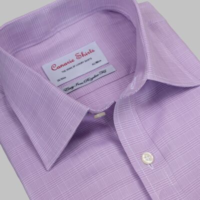 Luxus-Herrenhemd mit lila Karomuster, normale Passform, leicht zu bügeln, mit Brusttasche, doppelte Manschetten (Manschettenknöpfe erforderlich)