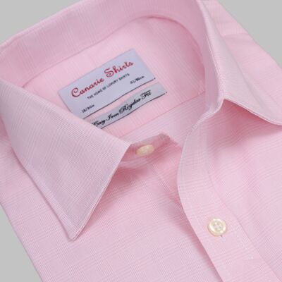 Luxus-Herrenhemd mit rosa Karomuster, normale Passform, leicht zu bügeln, mit Brusttasche, doppelte Manschetten (Manschettenknöpfe erforderlich)