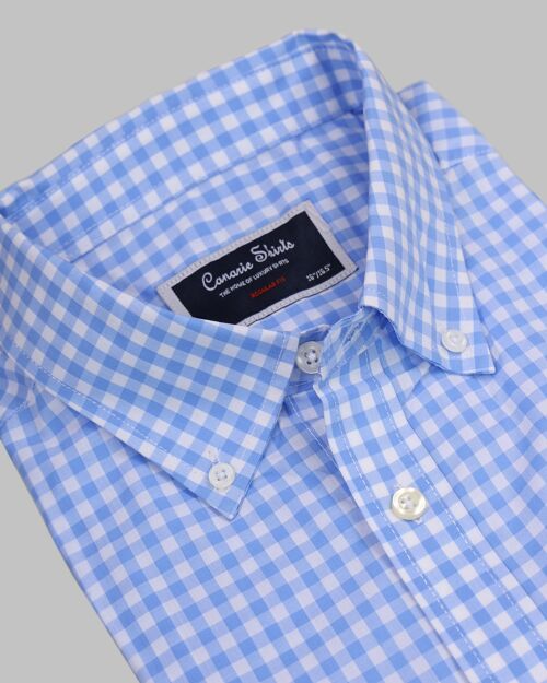 Button Down Collar Gingham Check Short Sleeve - Blue