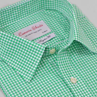 Men's Formal Shirt Green Gingham Check Easy Iron Double Cuff ( Requires Cuff Links )