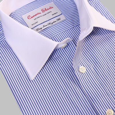 Formales Herrenhemd Blau Gestreift Weißer Twill-Kragen Leicht zu bügeln