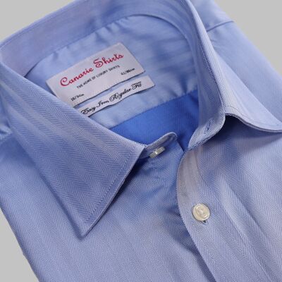 Men's Formal Shirt Blue Herringbone Easy Iron Double Cuff ( Requires Cuff Links )