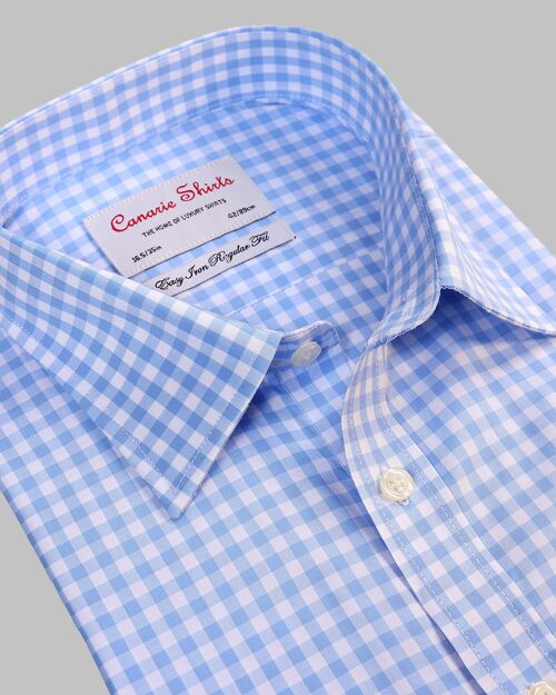 Men's Formal Shirt Blue Check Easy Iron Double Cuff ( Requires Cuff Links ) Slim fit