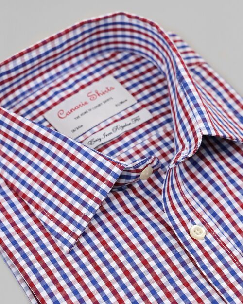 Men's Formal Shirt Blue Red Check Herringbone Double Cuff ( Requires Cuff Links )
