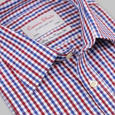 Men's Formal Shirt Blue Red Check Herringbone Double Cuff ( Requires Cuff Links )