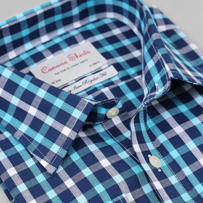 Camicia da uomo formale blu check polsini con bottone a spina di pesce