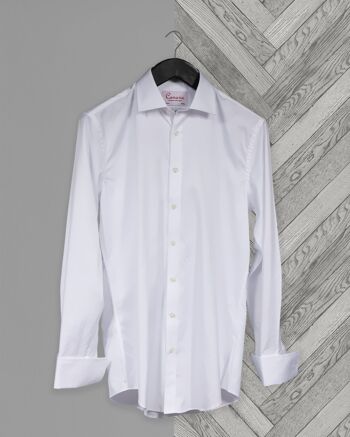 Chemise habillée pour homme en sergé signature blanc Coupe ajustée Coupe standard Double manchette sans repassage (nécessite des boutons de manchette) 1