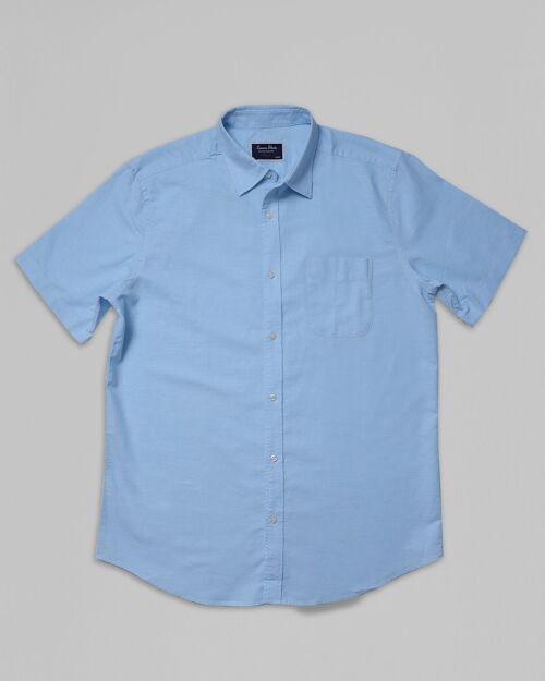 Cotton Linen Short Sleeve Shirt - Blue