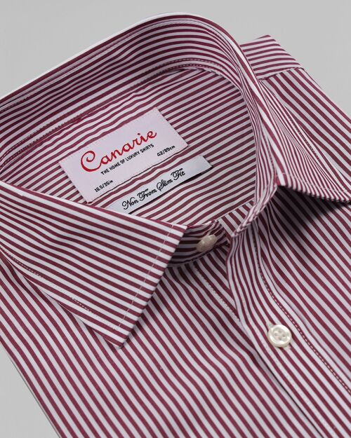 Men's Formal Red Wine Bengal Stripe Easy - Iron Shirt Double Cuff ( Requires Cuff Links ) Regular Fit