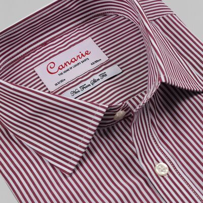 Men's Formal Red Wine Bengal Stripe Easy - Iron Shirt Double Cuff ( Requires Cuff Links ) Regular Fit