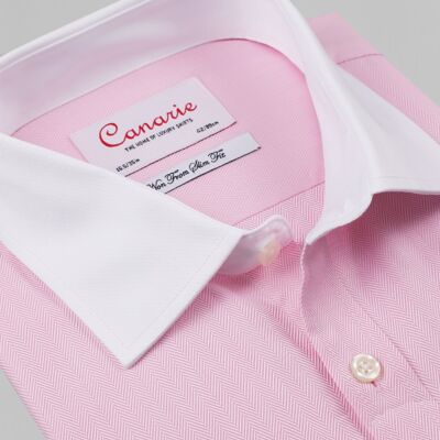 Men's Formal Casual Pink & White Herringbone Double Cuff Easy Iron Shirt Double Cuff ( Requires Cuff Links ) Regular Fit