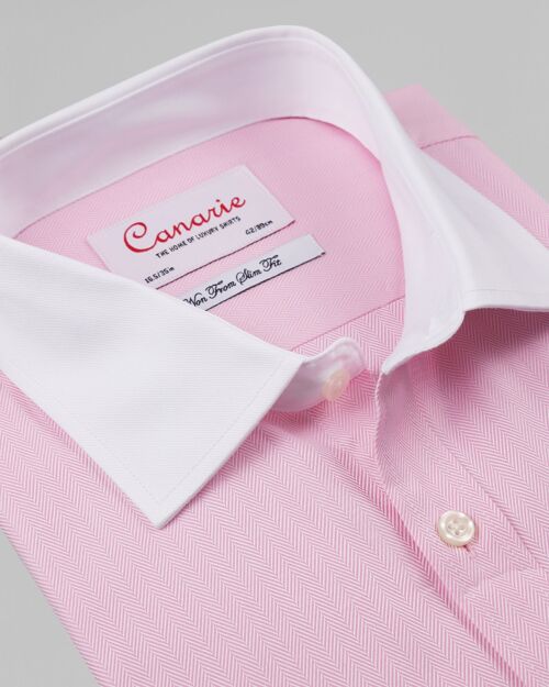 Men's Formal Casual Pink & White Herringbone Double Cuff Easy Iron Shirt Double Cuff ( Requires Cuff Links ) Slim fit
