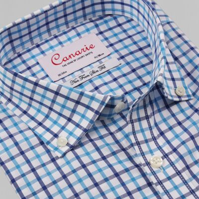 Blaues weißes Hemd mit Button-Down-Kragen für Herren, kariert, bügelfrei, Doppelmanschette (Manschettenknöpfe erforderlich), normale Passform
