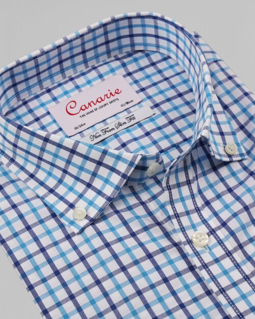 Men's Blue White Button Down Collar Check Non - Iron Shirt Double Cuff ( Requires Cuff Links ) Slim fit