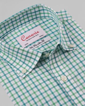 Chemise homme vert blanc col boutonné à carreaux sans repassage double manchette (nécessite des boutons de manchette) coupe régulière 1