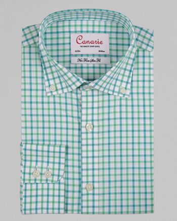 Chemise homme vert blanc col boutonné à carreaux sans repassage double manchette (nécessite des boutons de manchette) coupe régulière 2