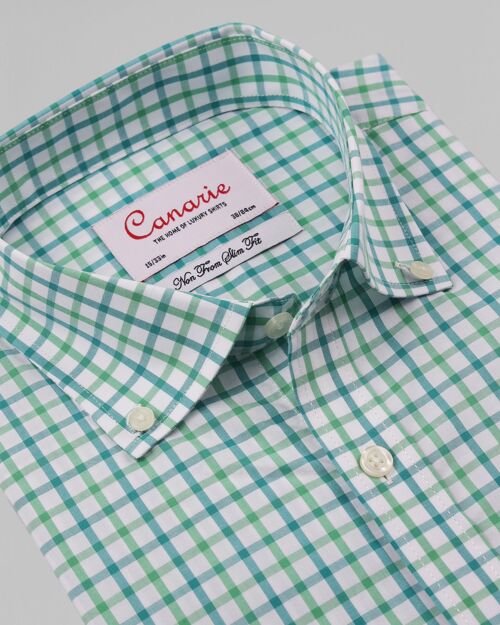 Men's Green White Button Down Collar Check Non - Iron Shirt Double Cuff ( Requires Cuff Links ) Slim fit