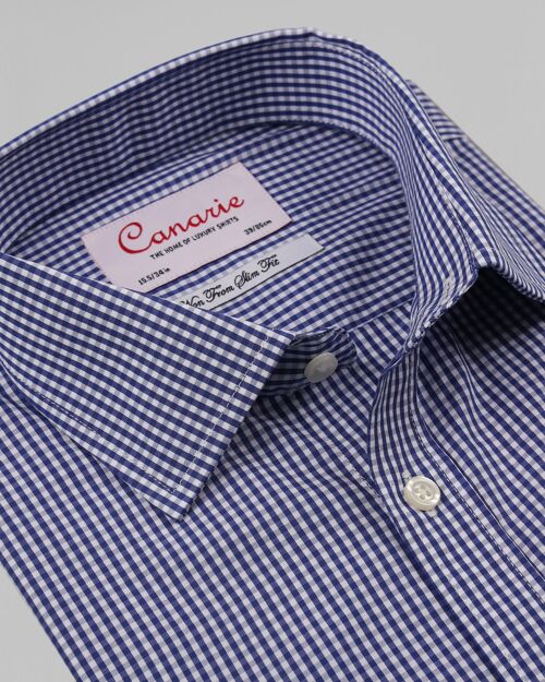 Men's Formal Shirt Navy Gingham Block Check Easy - Iron Shirt Double Cuff ( Requires Cuff Links ) Regular fit