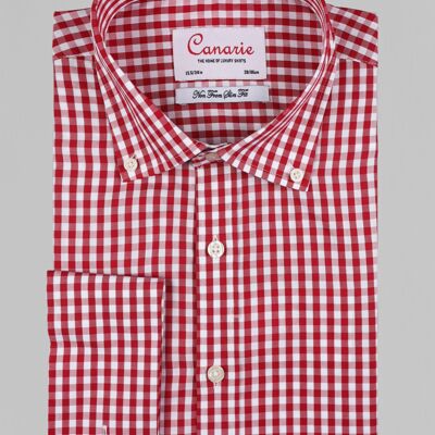 Chemise rouge à col boutonné et à carreaux sans repassage pour homme Double manchette (nécessite des boutons de manchette) Coupe régulière
