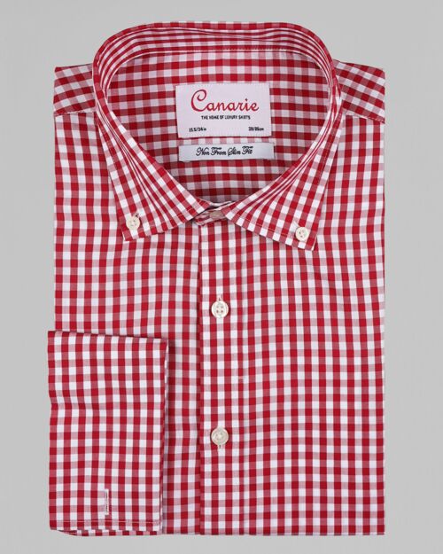 Men's Red Button Down Collar Check Non - Iron Shirt Double Cuff ( Requires Cuff Links ) Slim fit