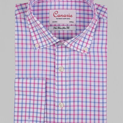 Chemise homme violette blanche col boutonné à carreaux sans repassage double manchette (nécessite des boutons de manchette) coupe régulière