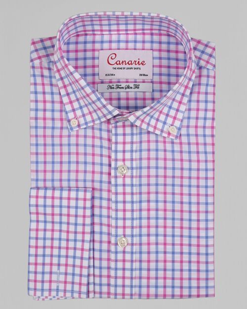 Men's Purple White Button Down Collar Check Non - Iron Shirt Double Cuff ( Requires Cuff Links ) Slim fit