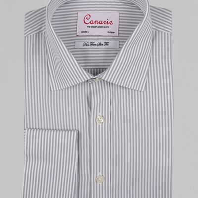 Bügelfreies Herrenhemd mit grauem Bengalstreifen, Doppelmanschette (Manschettenknöpfe erforderlich), normale Passform