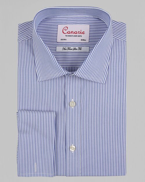 Men's Formal Blue Bengal Stripe Easy - Iron Shirt Double Cuff ( Requires Cuff Links ) Slim fit