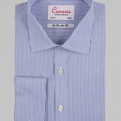 Chemise pour homme à rayures Bengale bleues formelles facile à repasser à double manchette (nécessite des boutons de manchette) Coupe ajustée