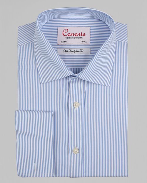 Men's Formal Sky Blue Bengal Stripe Non - Iron Shirt Double Cuff ( Requires Cuff Links ) Slim fit